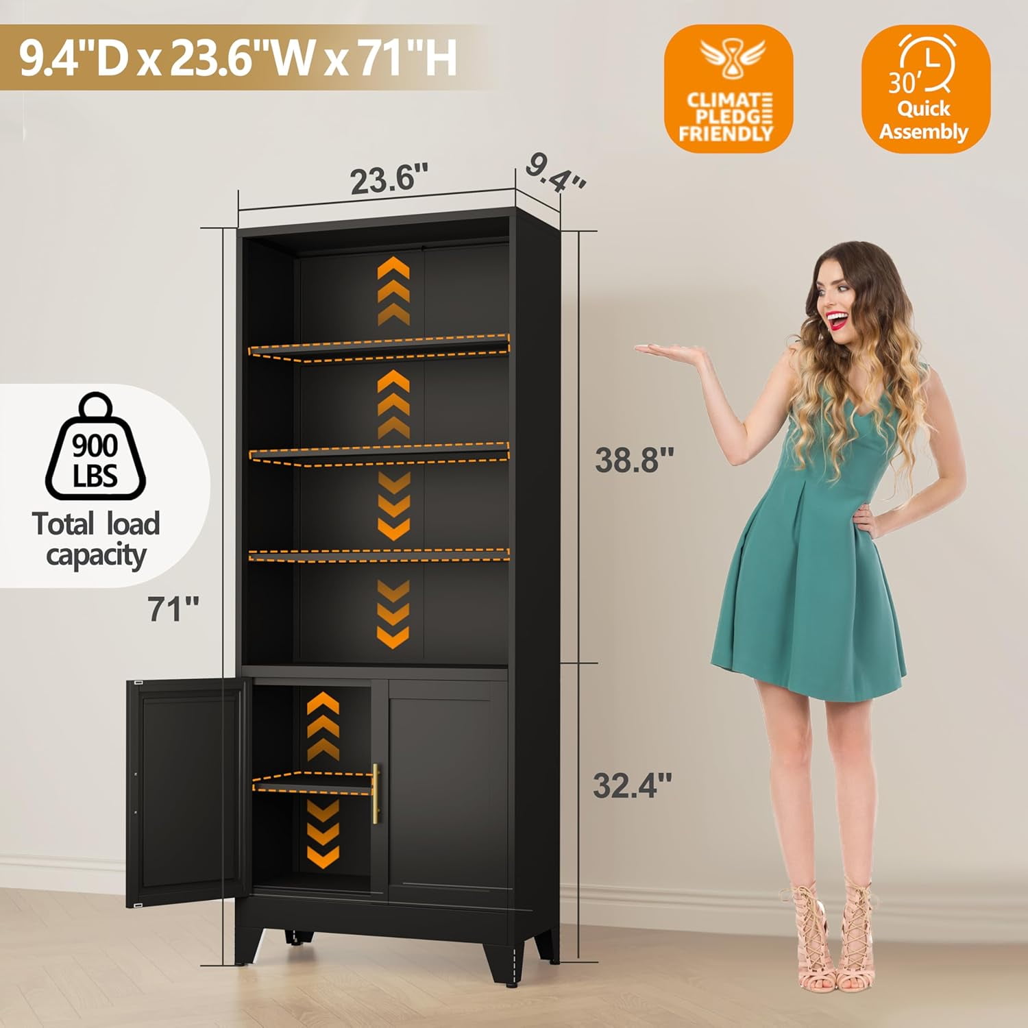 71"H Tall Metal Bookcase/Bookshelf with Doors And 4 Adjustable Shelves for Storage
