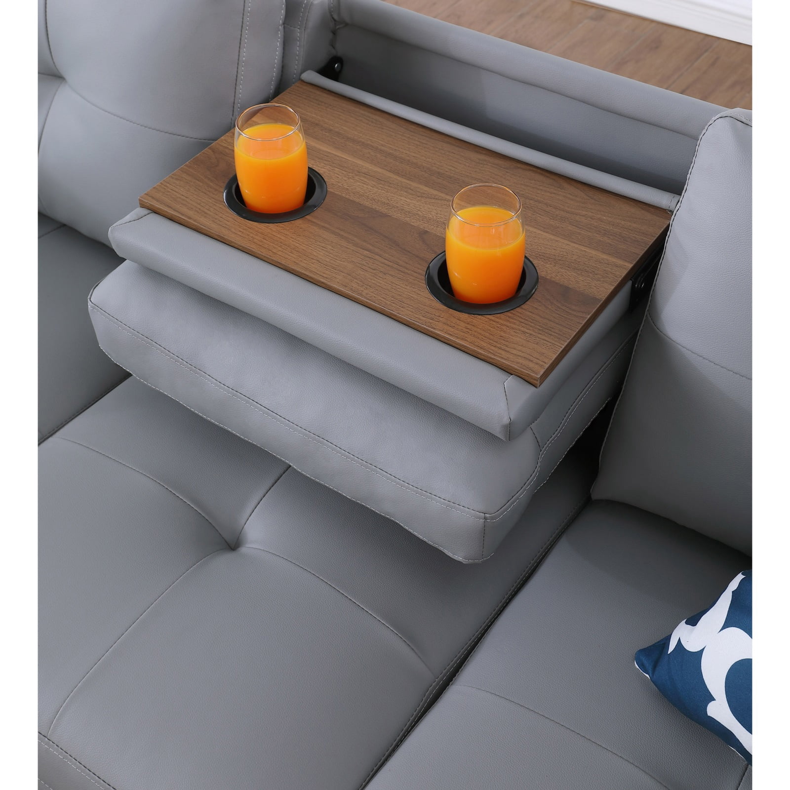 Hommoo L-Shaped Upholstered Sectional Sofa Couch with Storage & Cup Holders, Faux Leather Living Room Sofa Set, No Ottoman, Gray