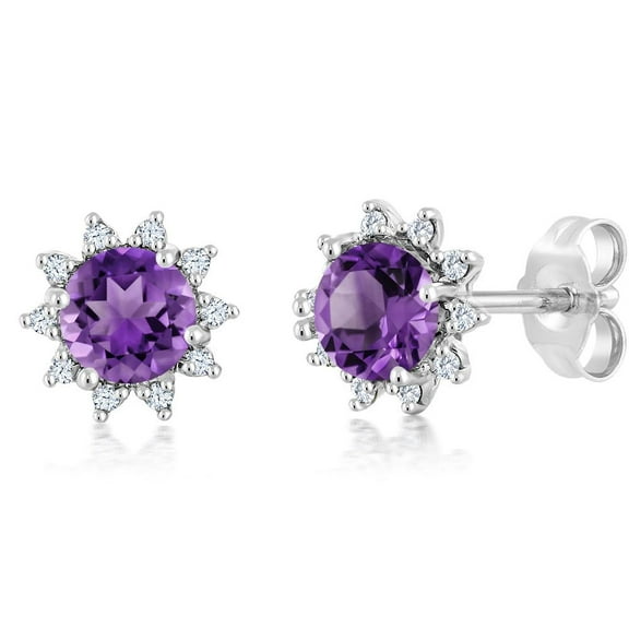 Gem Stone King 18K White Gold Purple Amethyst and Diamond Stud Earrings for Women (Round 4MM Gemstone Birthstone 0.48 Ct)