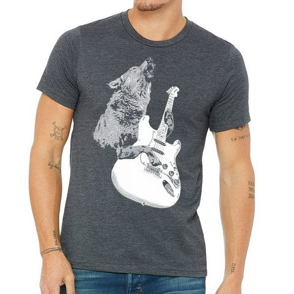 Wolf Jouant de la Guitare Chien Joue Guitariste Rockstar T-Shirt Premium Charbon Chiné pour Hommes
