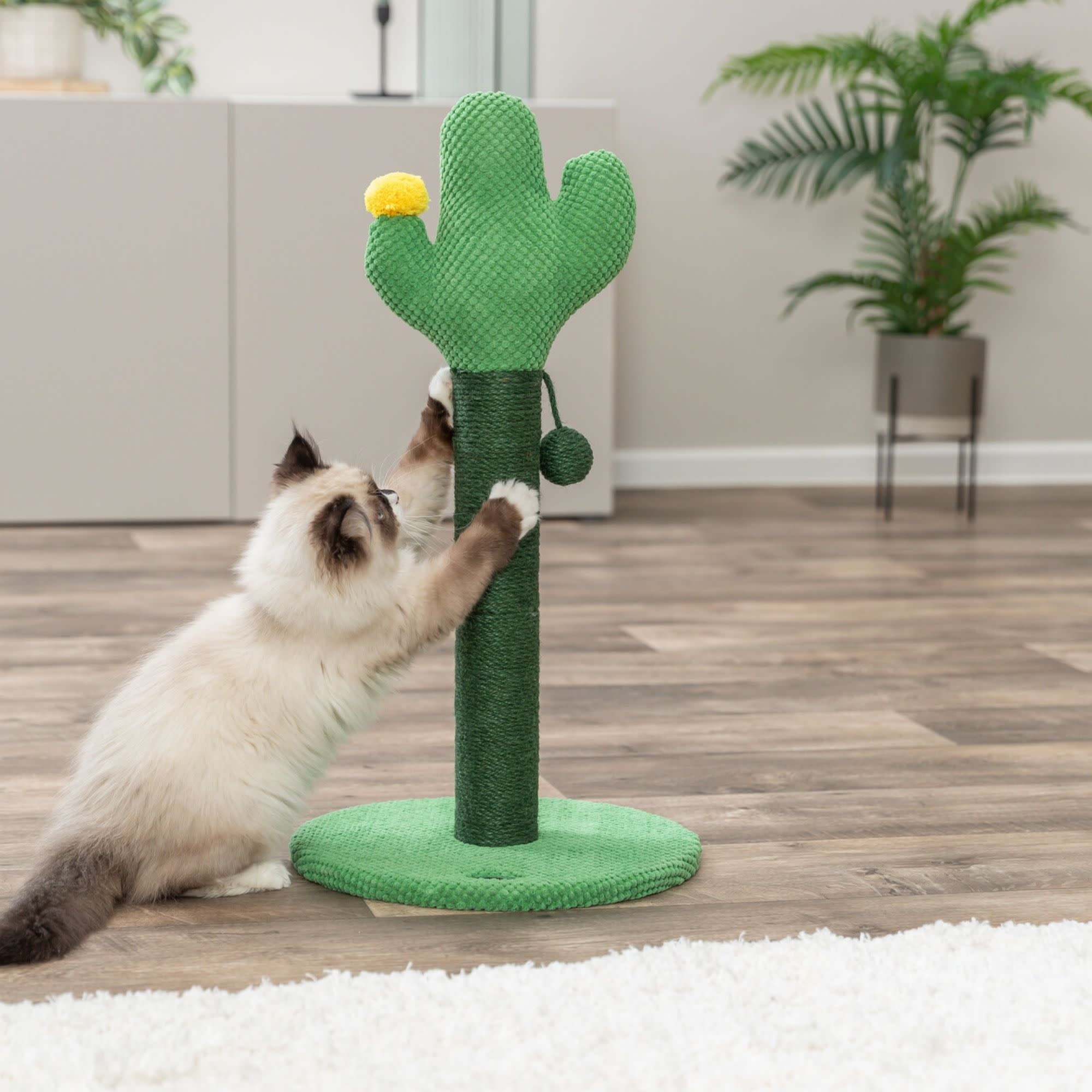 TRIXIE Fero 24" Jute Scratching Post  - Cute Whimsical Cactus Cat Tree with Dangling Toy - Indoor Cat Scratcher Furniture