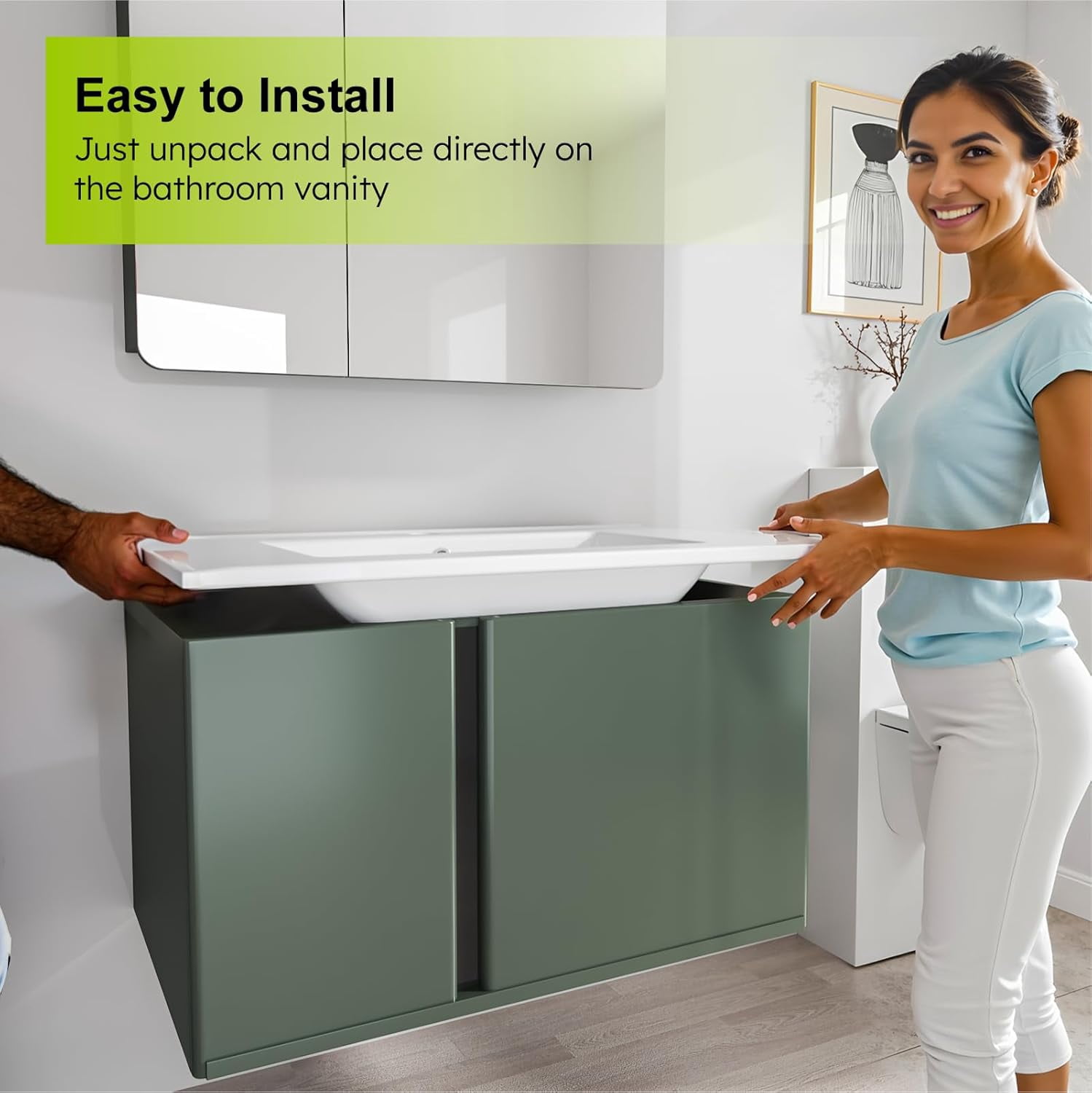 EVOKEDEN Bathroom Sink, Bathroom Counter Top 24'' x 18'', Rectangular Porcelain Ceramic Vanity Basin with Overflow, Single Sink Basin Vanity Top, Glossy White