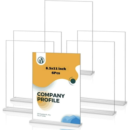 6Pack Acrylic Sign Holder, 8.5x11 inch Double-Sided Display Stand, Vertical Clear Plastic Sign Holder, Transparent Table Top Sign Holder, T Shape Flyer Stand for Offices, Restaurants, Store, Party