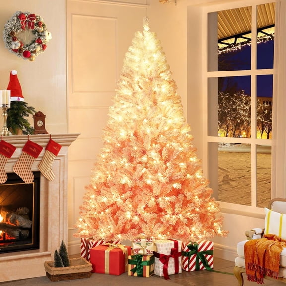 7.5ft Pre-Lit Snow Flocked Christmas Tree, Pink Gradient Xmas Tree with 450 RGB & Warm White LED Lights Foldable Base
