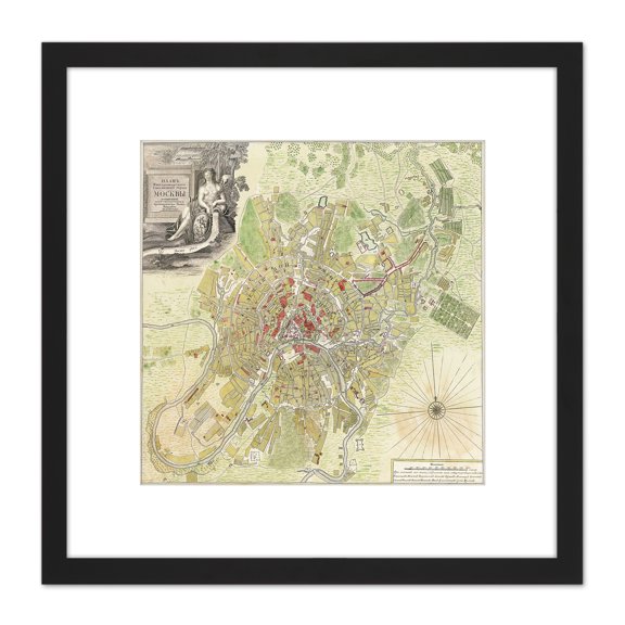 Map Antique 1739 Michurin Moscow City Plan Old Reproduction 8X8 Inch Square Wooden Framed Wall Art Print Picture with Mount