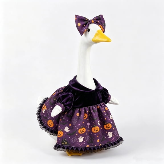 Halloween Porch Goose Outfit, Purple Festive Goose Costume Set with Dress and Bow Headband, Fit for 23'' Cement Outdoor Seasonal Decor for Patio Porch Yard Halloween Decoration