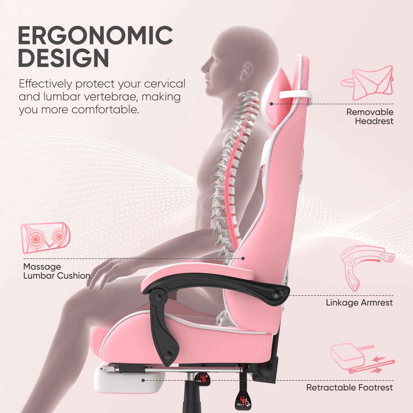 SOONTRANS Pink Gaming Chair, Adult Game Gamer with Footrest & Massage Lumbar Pillow , Ergonomic High Back Office Chairs with Bunny Ear, Pink