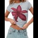 thumbnail image 3 of Camiseta de Corta para con Estampado Floral Y2K para Mujer, Top Corto Ajustado con Cuello Redondo. Gris XL, 3 of 9