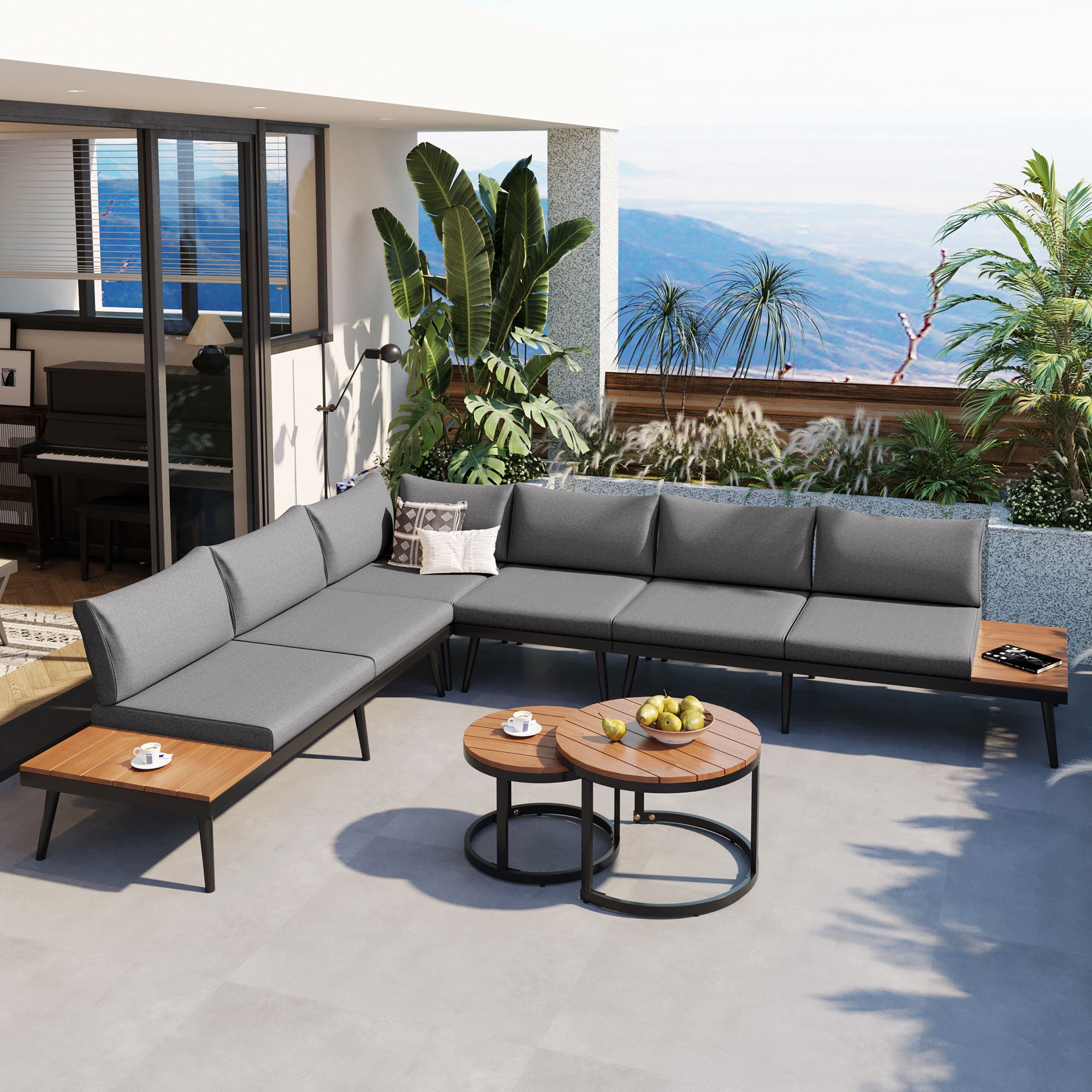 Harper & Bright Designs Metal Outdoor Sectional Furniture L Shape Patio Conversation Sets, 6 Pieces Patio Furniture Sets with Round Nesting Coffee Tables for Garden, Backyard and Porch