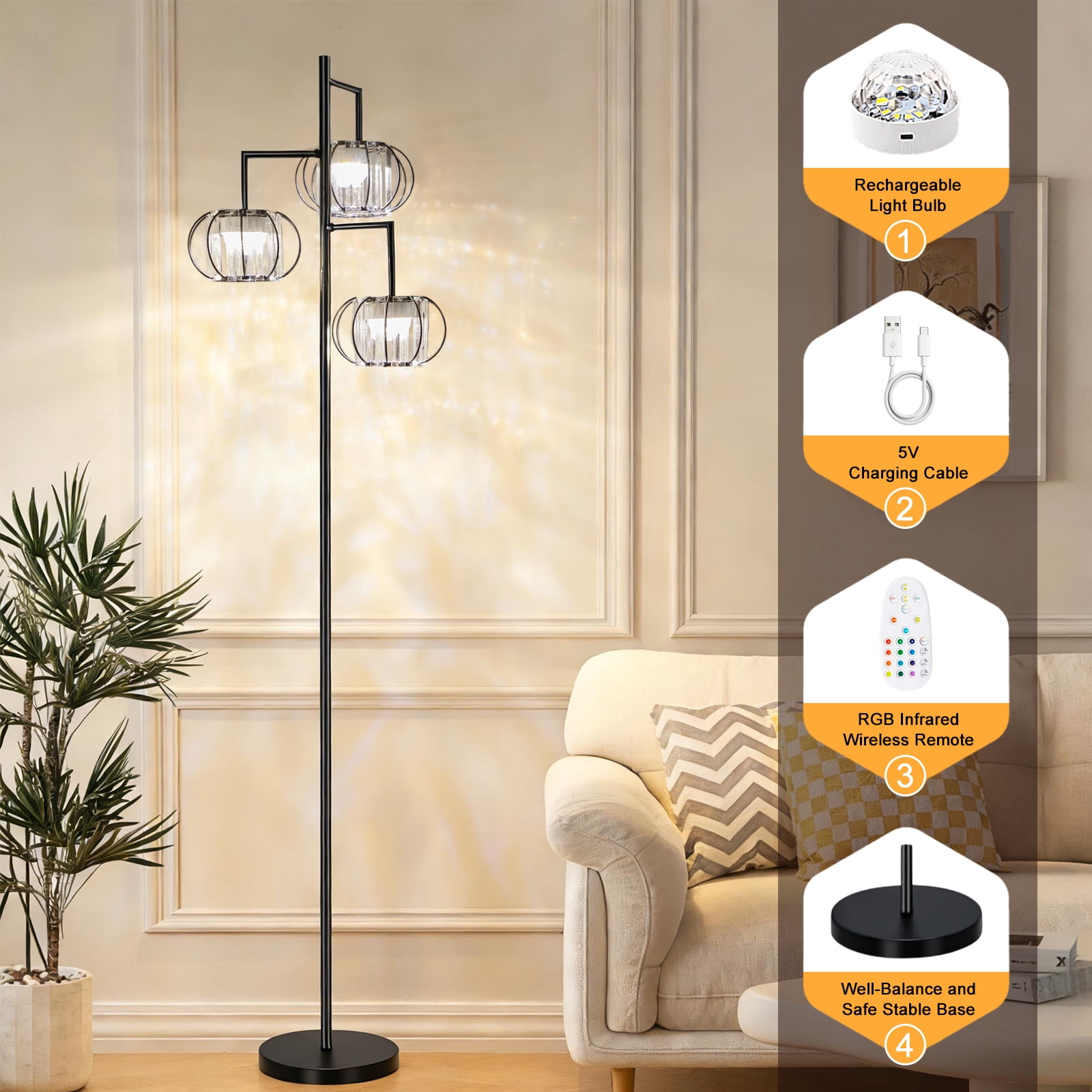 Modern 3-Light Crystal Floor Lamp with RGB Rechargeable Bulbs, Remote Control, Dimmable Ambient Standing Lamp for Living Room Bedroom Decor