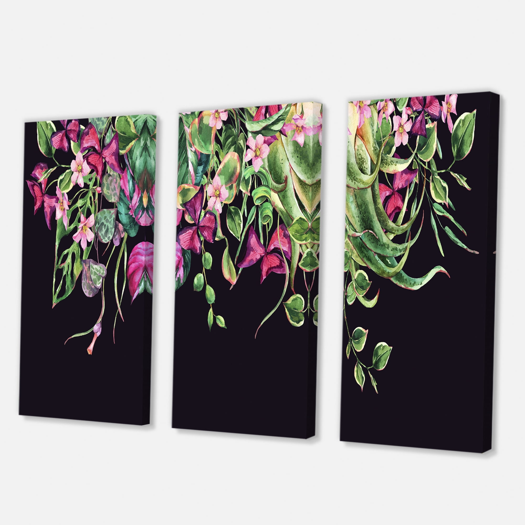 Floral Tropical Leaves On Black Background 28 in x 36 in Painting Canvas Art Print, by Designart