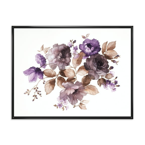 Designart 'Purple Retro Flowers With Brown Leaves On White' Traditional Framed Canvas Wall Art Print
