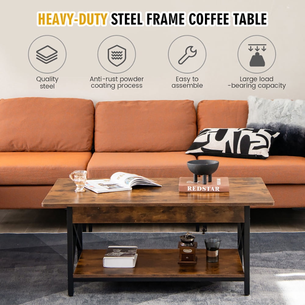 Finihen Rectangular Coffee Table, Industrial Coffee Table, 2-Tier Industrial Rectangular Coffee Table with Storage Shelf, for Living Room, Reception Room, Rustic Brown Finihen Rectangular Coffee Table, Industrial Coffee Table, 2-Tier Industrial Rectangular Coffee Table with Storage Shelf, for Living Room, Reception Room, Rustic Brown