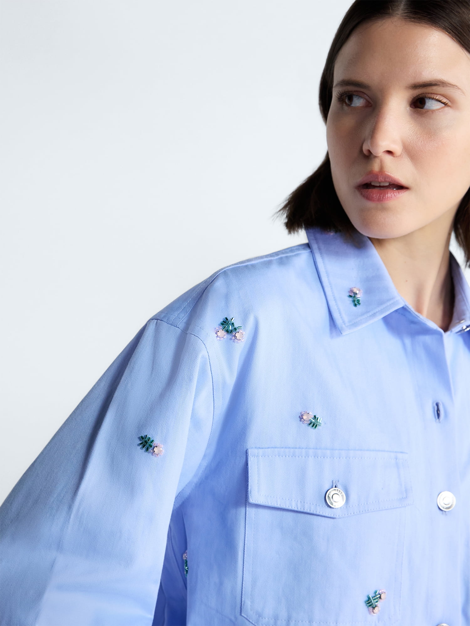 Free Assembly Women's and Women's Plus Embellished Cotton Utility Shirt with Long Sleeves, Sizes XS-4X