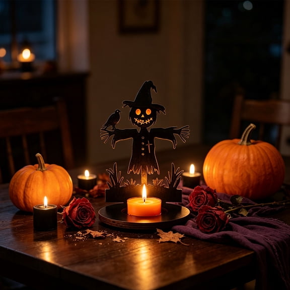 Linnome Black Wood Halloween Candle Holder Hollow Silhouette Ghost Scarecrow Tea Light Stand Anti Tipping Table Centerpiece Indoor Halloween Party Decor