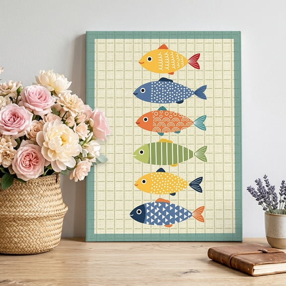 Ocean Colorful Fish Canvas Wall Art, Nautical Coastal Sea Blue Red Fish Green Plaid Framed Canvas Wall Decor Picture Print Artwork Decorations for Living Room Office Ready to Hang 16" x 12"