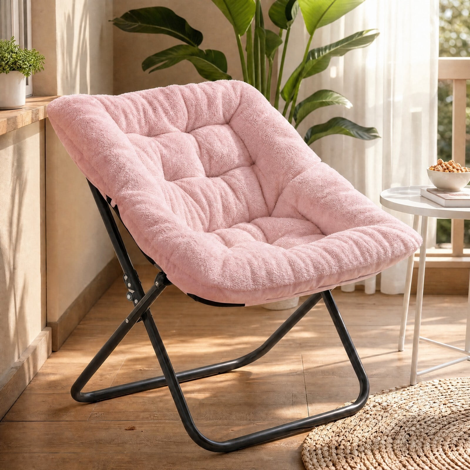 Kelno Faux Fur Folding Lounge Chair 450lb Capacity Foldable Comfy Chair Soft Plush Reading Chair, Pink