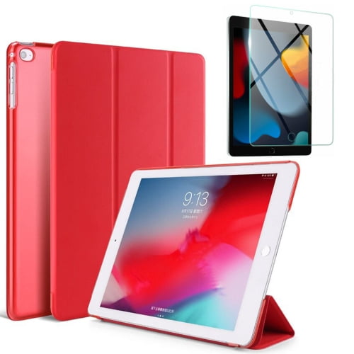 SuperShield Étui Compatible avec iPad 9e/8e/7e Génération Étui 10,2 Pouces 2021 avec Protecteur d'Écran en Verre, Étui Robuste Antichute avec Support / Rouge
