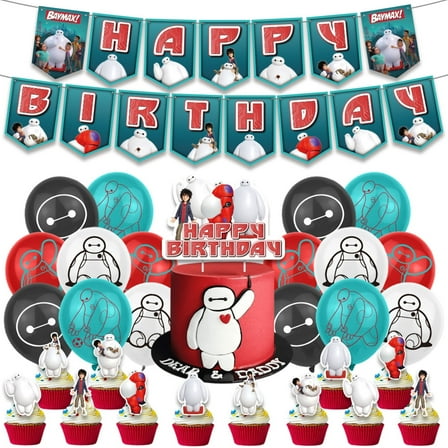 30PACK Baymax Birthday Party Decorations, Cartoon Big Hero Birthday Supplies -Happy Birthday Banner, Balloons, Cake Topper, Cupcake Toppers for Kids Big Hero Theme Party