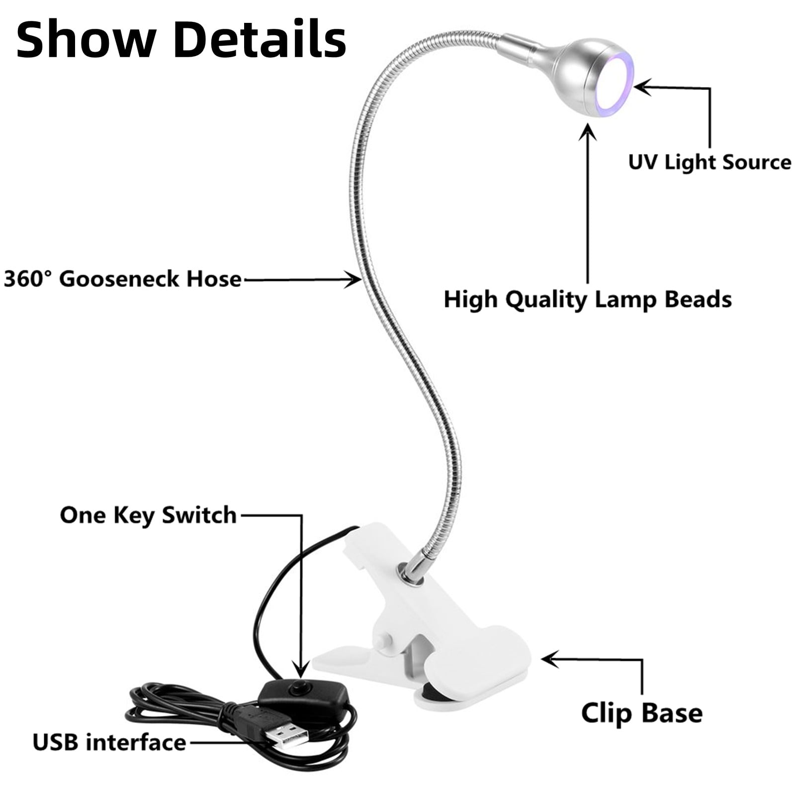 GREENIC Gooseneck UV Lamp for Nails, 3W 395nm-405nm Upgraded Small USB  Black Light, DC 5V Mini UV Curing Light with Clamp for Gel Polish, Resin