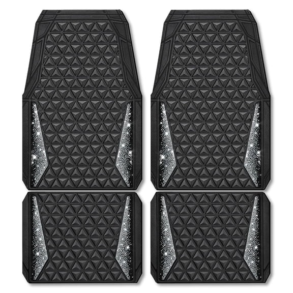 CAR GRAND Bling Diamond Rubber Automotive Floor Mats Full Set Anti-slip Water Proof Universal Fit Glitter Crystal Sparkly Shining Rhinestone Girl Woman Lady Femal Black Silver
