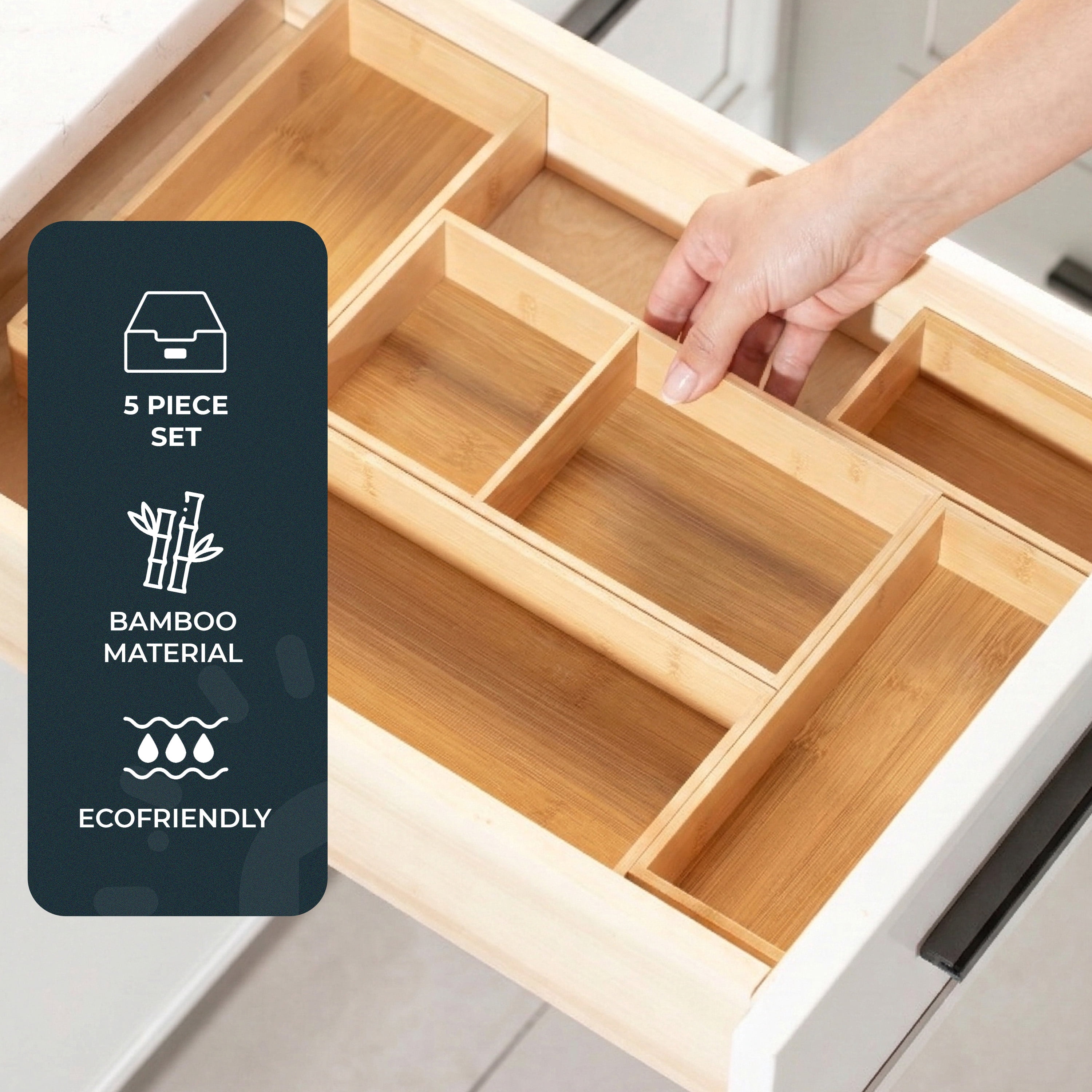Luminuxe Bamboo Drawer Organizer Set, 5 Piece Non-Slip Versatile Storage Trays for Kitchen Utensils, Bathroom Essentials, Makeup & Jewelry