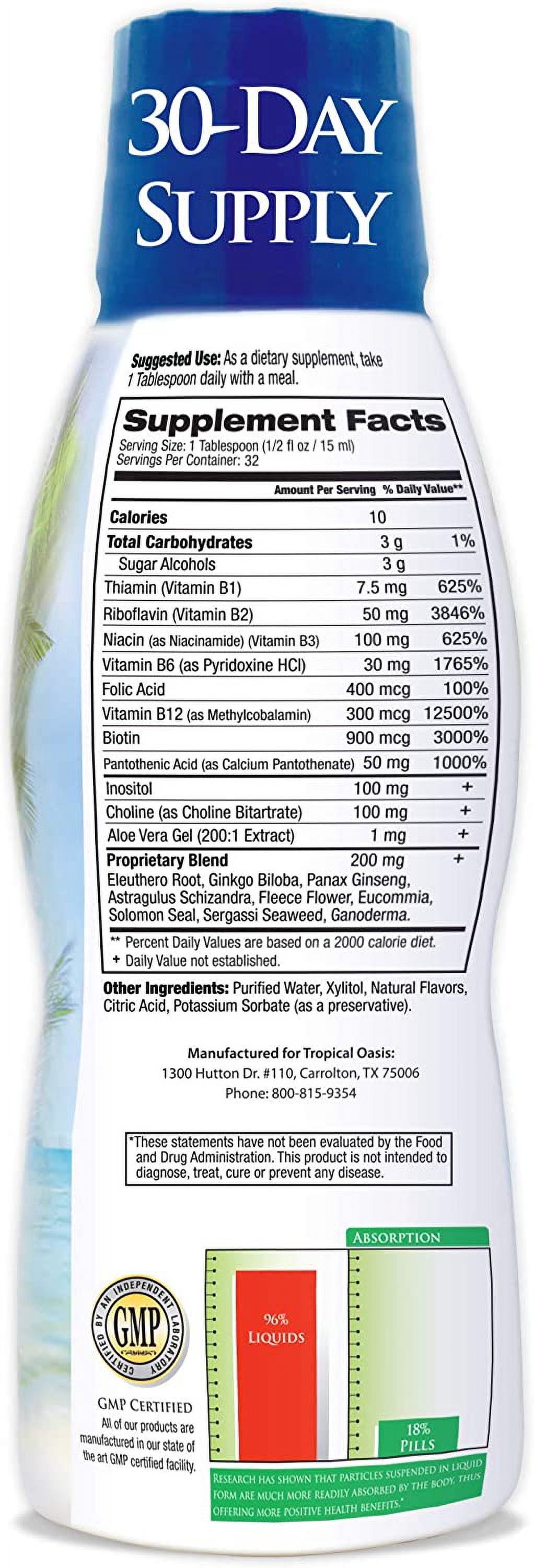 Tropical Oasis B-Complex Liquid Vitamin Supplement for Energy Production and Nervous System Support, 16 fl oz, 32 Servings