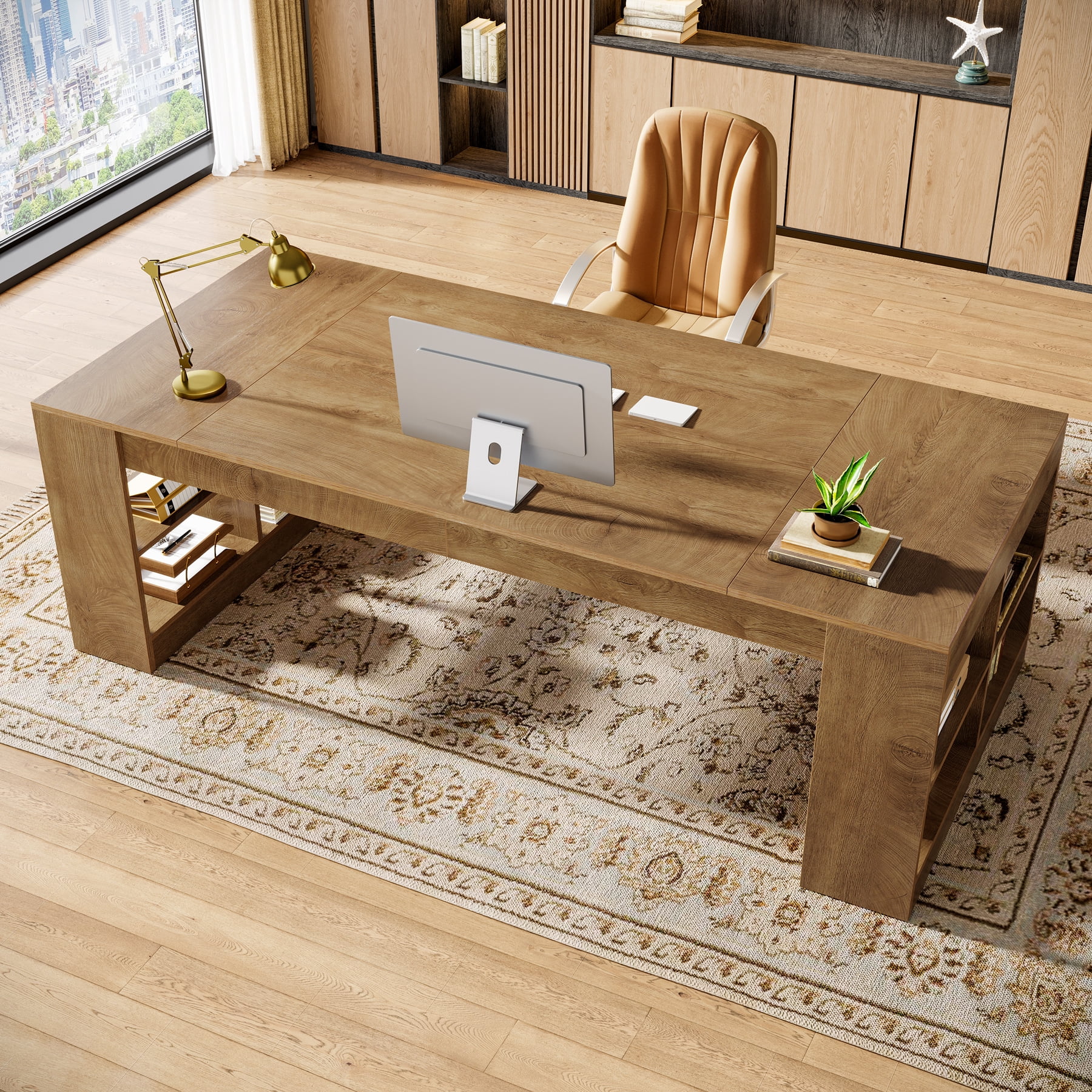 Finmind 70.87-inch Executive Desk, Large Office Computer Desk with Storage Shelves, Modern Simple Workstations Writing Table, Rustic Brown