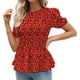 thumbnail image 1 of Camiseta de verano con dobladillo con volantes y mangas cortas con cuello redondo y estampado floral elástico para mujer Rojo L, 1 of 6