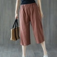 thumbnail image 2 of fartey Women Cotton Linen Capri Pants 2024 Summer Lounge Solid Color Pockets 3/4 Pants Slim Fit Elastic High Waist Below Knee Shorts, 2 of 8