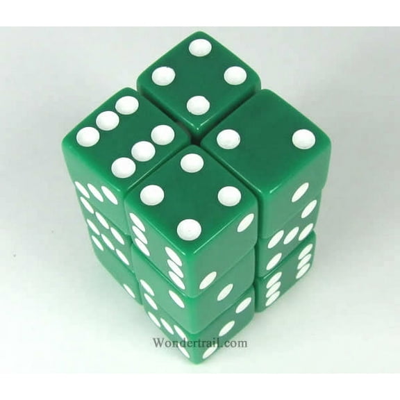 Green Opaque Dice with White Pips D6 16mm (5/8in) Pack of 12 Koplow Games