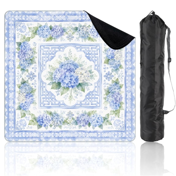 Travel Mahjong Mat 21" x 21" Blue Hydrangea Floral Geometric Non-Slip Noise Reduction Mini Mahjong Tiles for Dominoes Poker Card
