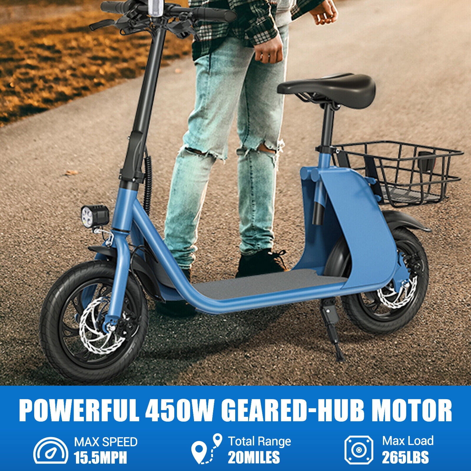 Lohoms Updated 450W Foldable Electric Scooters Bike, Adult Electric Moped Commuter Ebike Biycle Waterproof E-Scooter With Seat Basket 12 in Off-Road Tires,Blue