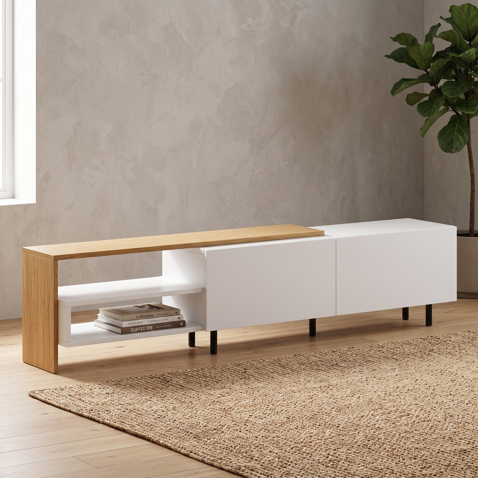 Furnibear Modern TV Stand for TVs up to 80 Inches, Wood Entertainment Center Media Console with 2 Storage Cabinets and Open Shelves for Living Room, White & Natural