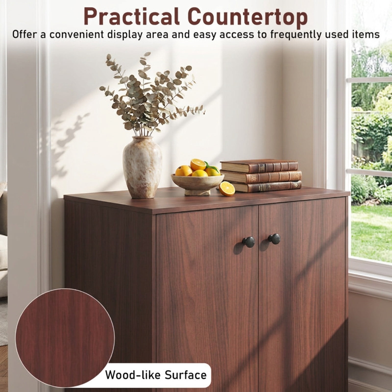 Furnibear 2 Door Modern Accent Cabinet with 3 Tier Shelf and Display Top Sideboard Buffet for Entryway Hallway and Living Room, Brown