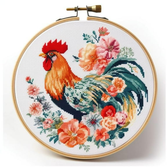 Generic Counted Easy Cross Stitch Kits Flowers Rooster Color Stamped Embroidery for Starter Kits DIY 11CT Stamped Patterns Embroidery Needlework Kit Supplies 12 Inch Hoop Included(80-f)
