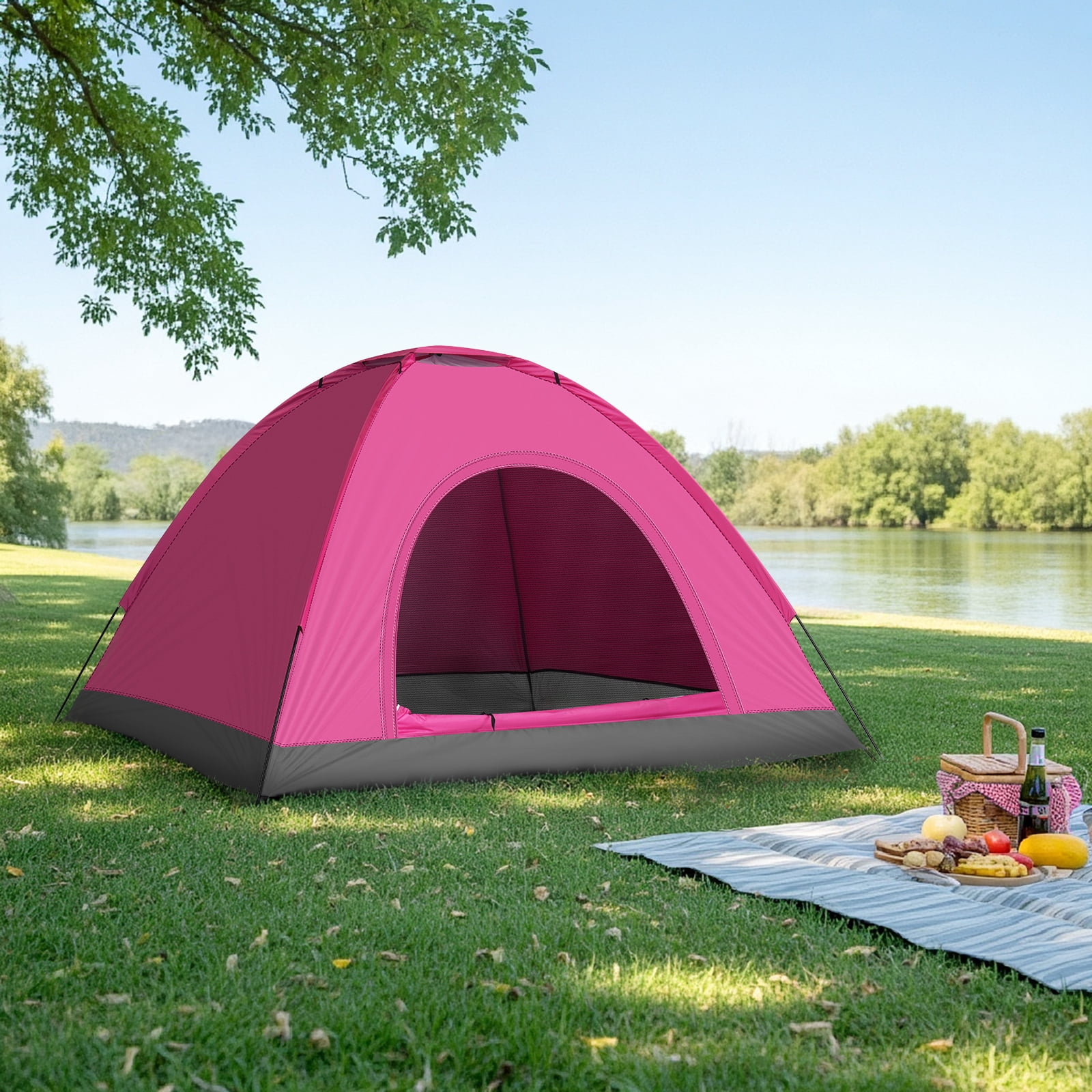 UBesGoo 3-4 Person Outdoor Camping Waterproof Tent Fast Family Dome, Shocking Pink