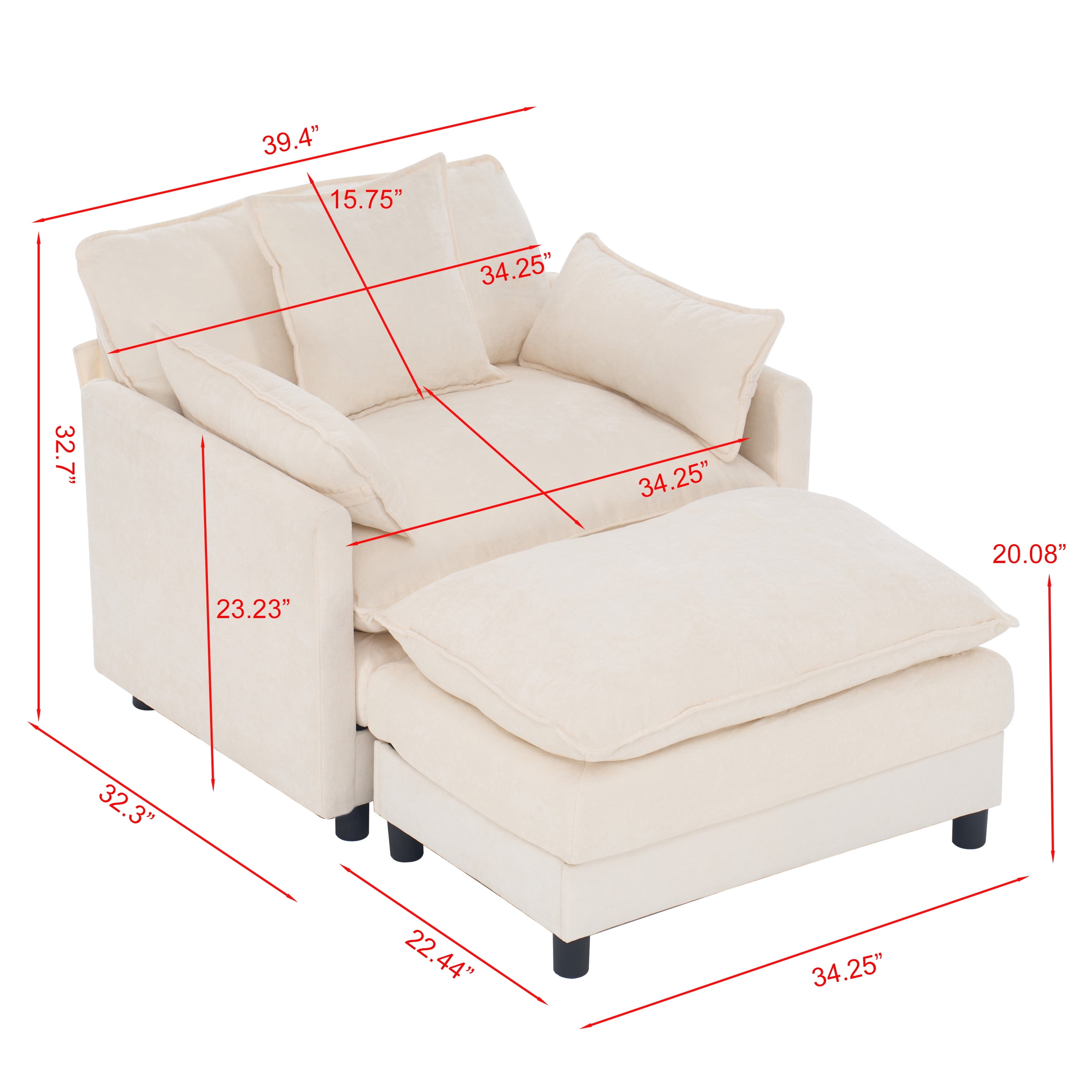 Aukfa 39.4" Oversized Accent Chair with Ottoman, Chenille Armchair Lounge Chairfor Living Room & Bedroom,Beige