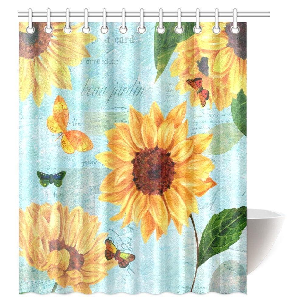 MYPOP Beautiful Garden Shower Curtain, Vintage Watercolor Sunflowers