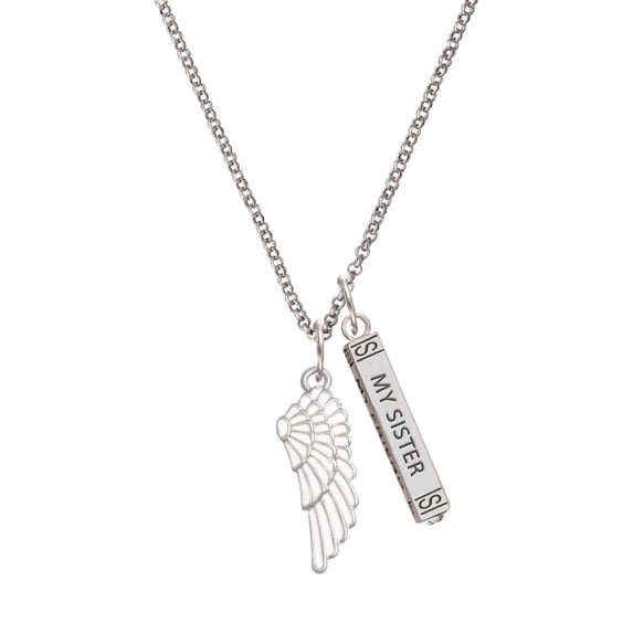 Delight Jewelry Silvertone Large White Enamel Angel Wing Silvertone Always My Sister Bar Charm Necklace, 23"