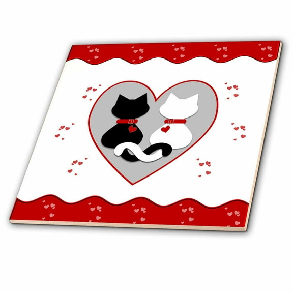 3dRose, Cute Red Hearts Valentine Cat Couple, 8 Inch Ceramic Tile