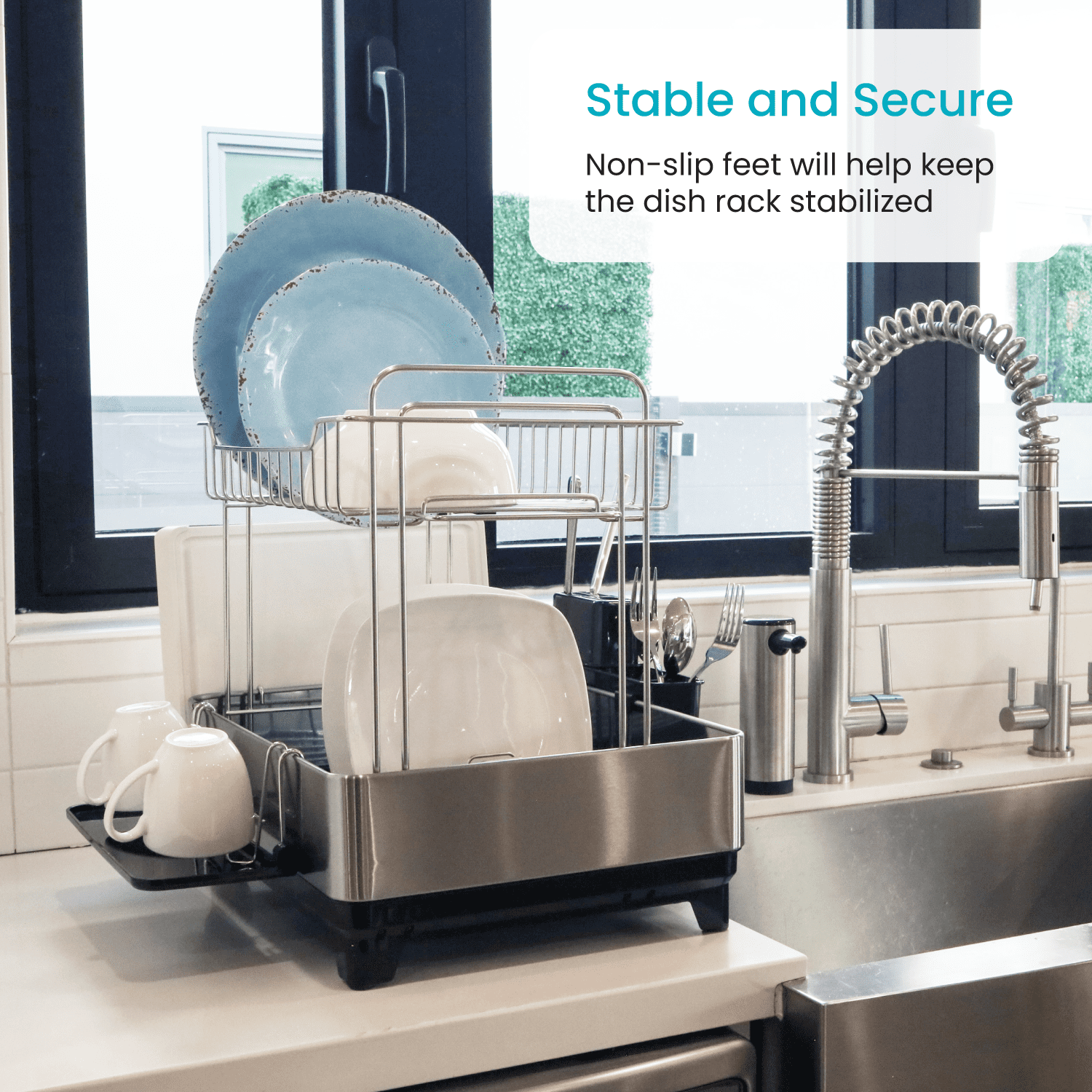 Home Zone Living Stainless Steel Dish Drying Rack with Side Racks and Drain Pipe, 2-Tier