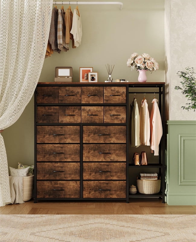 TROPOW Tall Dresser for Bedroom with 16 Drawers & Clothes Rack & 2 Storage Shelves, Fabric Dressers & Chests of Drawers, Large Closet Dresser for Storage and Organization