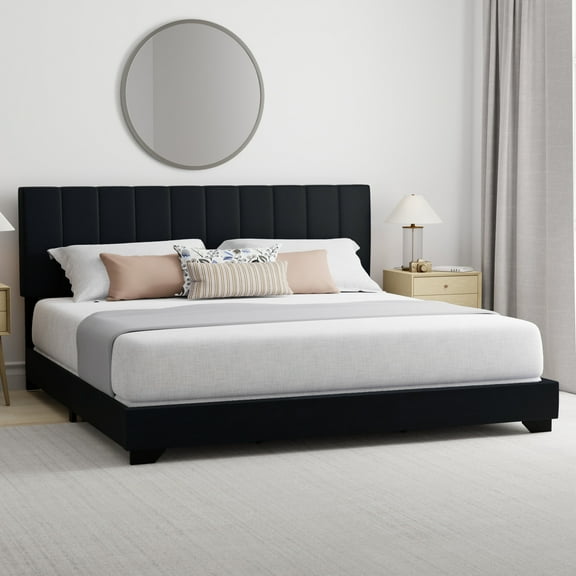 Reece Channel Stitched Upholstered King Bed, Black, by Hillsdale Living Essentials