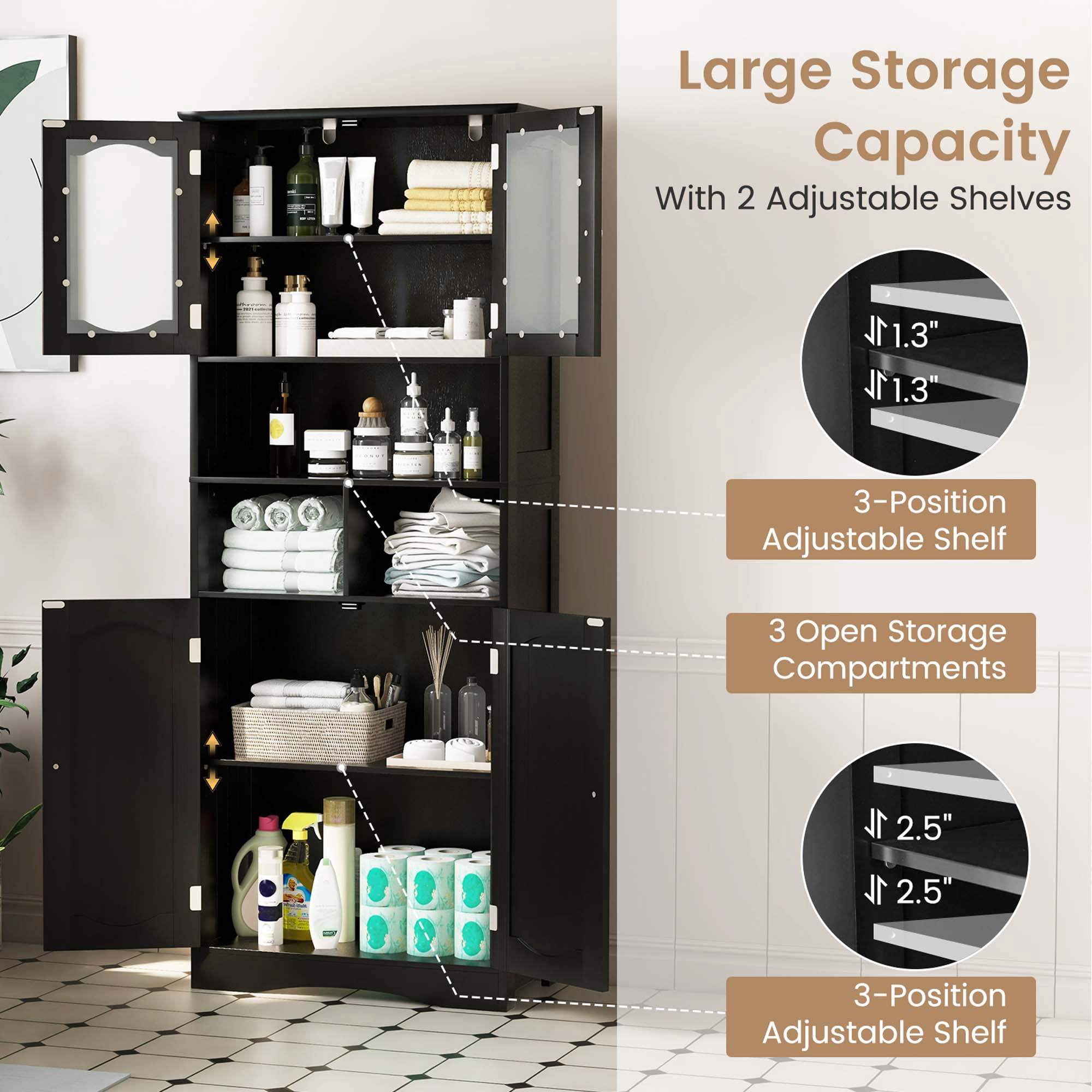 Costway 58.5" Tall Bathroom Storage Cabinet Freestanding Linen Cabinet with Shelves Black