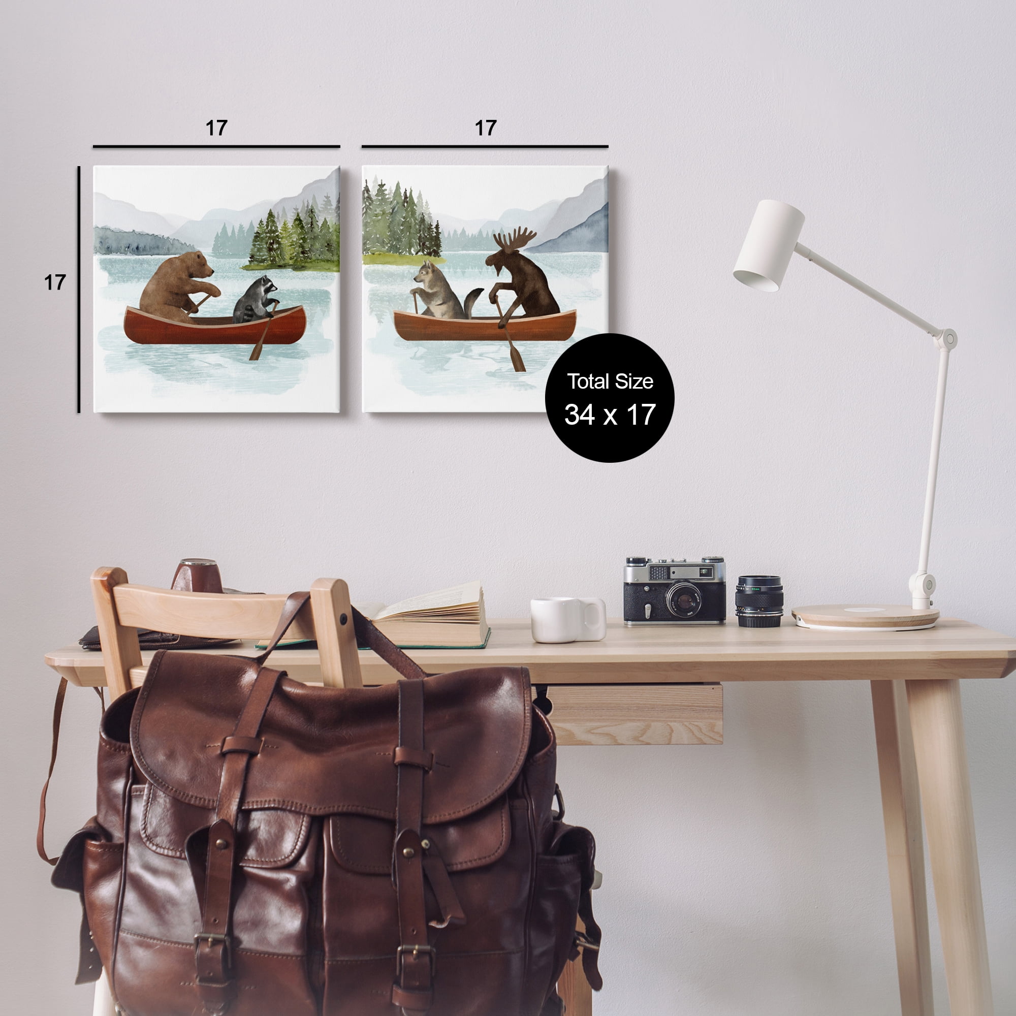 Stupell Industries Woodland Animals on Canoes Animals & Insects Painting Gallery Wrapped Canvas Print Wall Art, 17 x 17, Set of 2