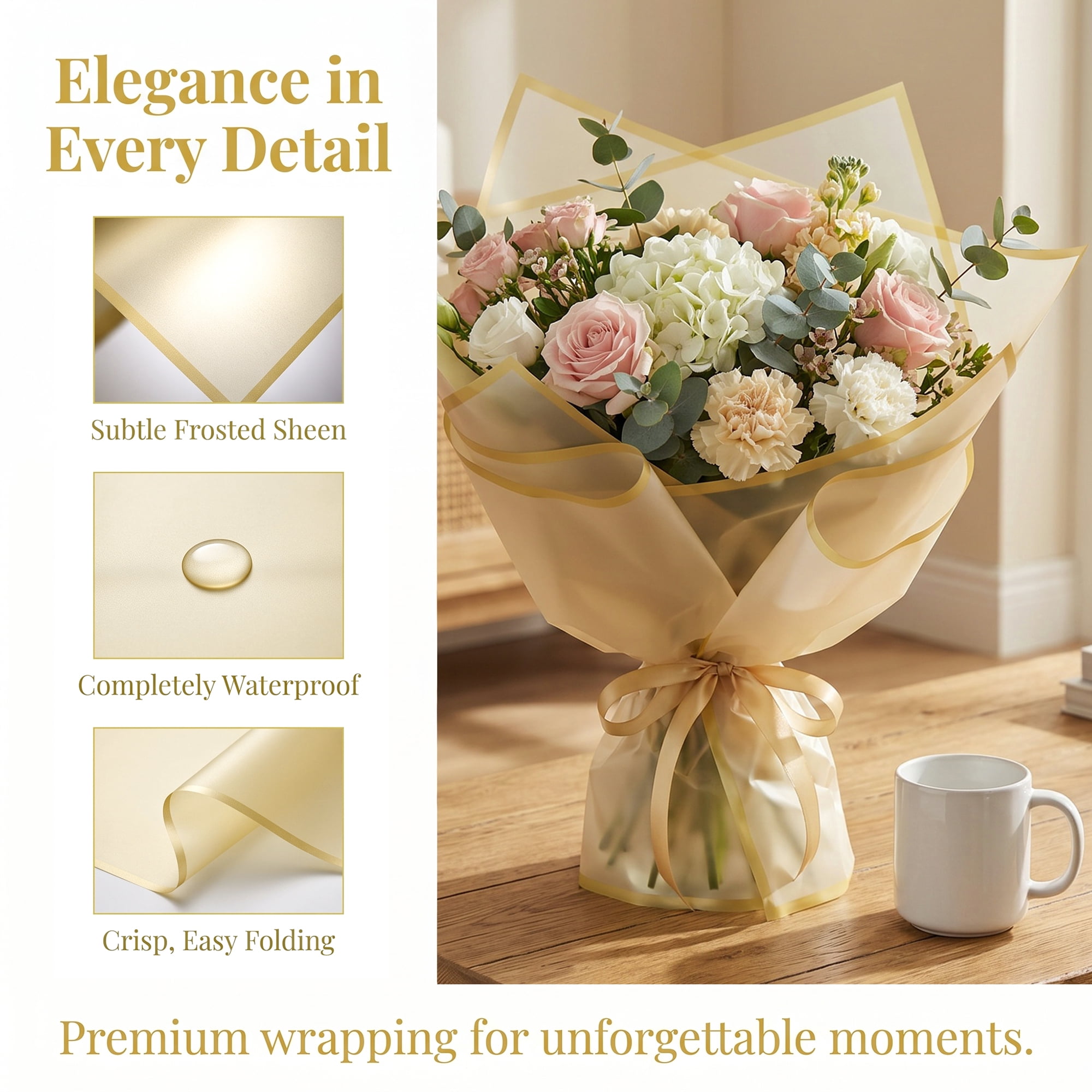 Unique Bargains 20Pcs Waterproof Solid Color Wrapping Paper Gold 22.4" x 22.4"