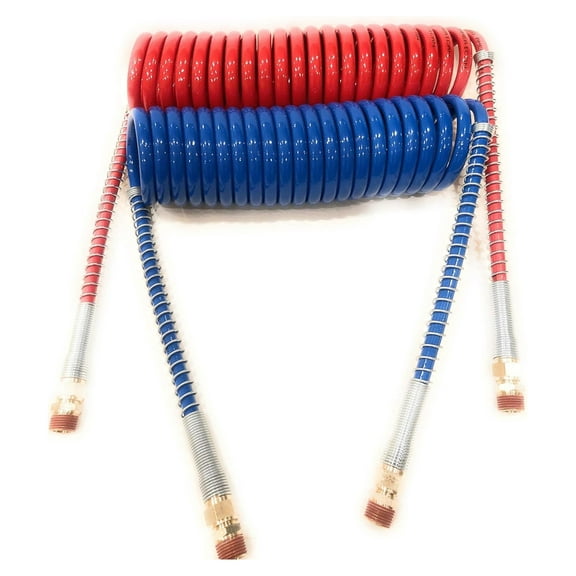 15' RED and Blue Coil Coiled AIR LINE Hose Set - Trailer Brake - 1/2" Fittings