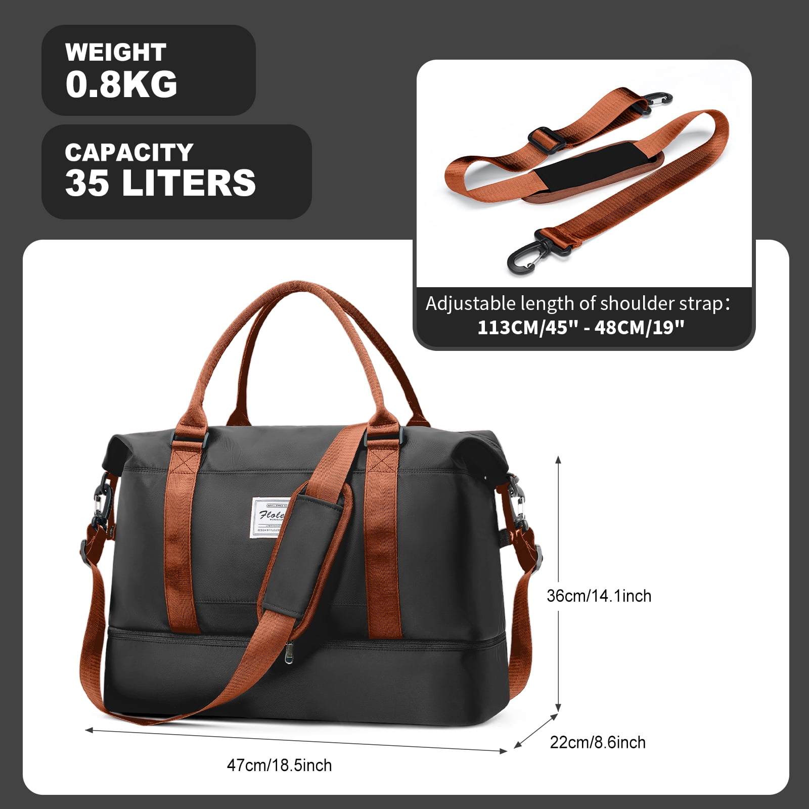 Weekender Bags for Women, Travel Duffel Bags with Shoe Compartment, Personal Item Travel Bag for Airlines, Carry on Overnight Tote Bag for Women, Black Brown