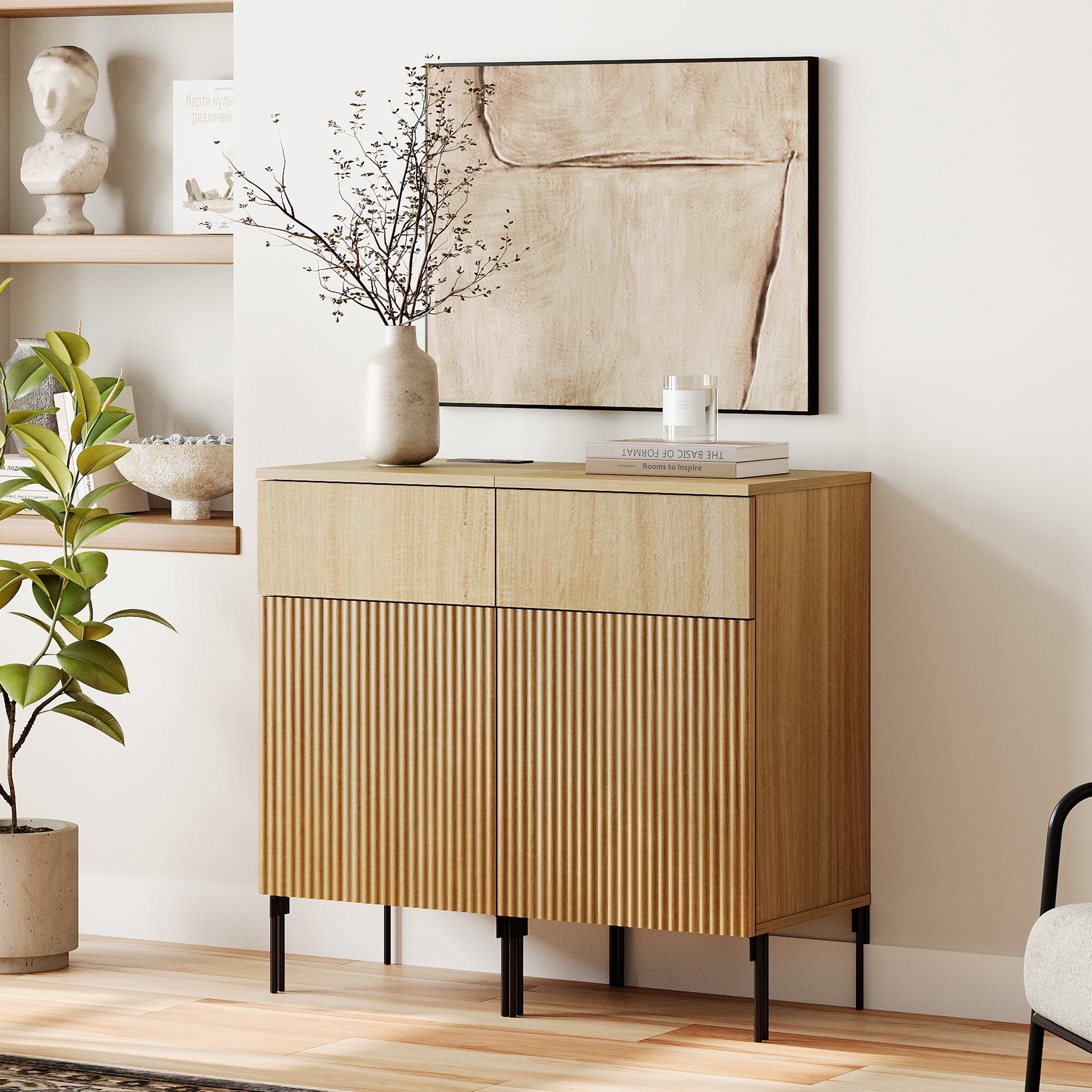 31.5" Reeded Accent Cabinet with 2 Doors and Adjustable Shelves, Modern Credenza Storage Cabinet with Charging Station for Living Room, Kitchen, Dining Room, Hallway